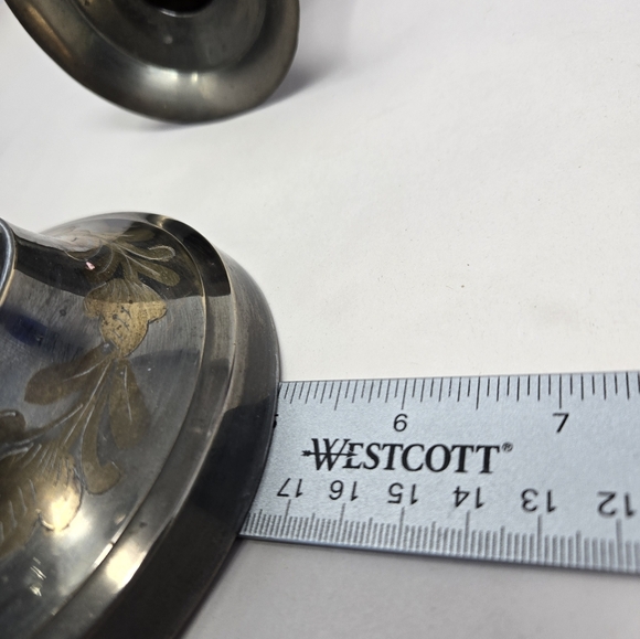 Pair of Vintage Solid Brass Etched Large Candle Holders Wide Bass Oxidation Tone - Picture 11 of 14